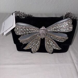Kurt Geiger Black Velvet Crystal Bow Crossbody Bag Mini Shoulder Chain Purse new